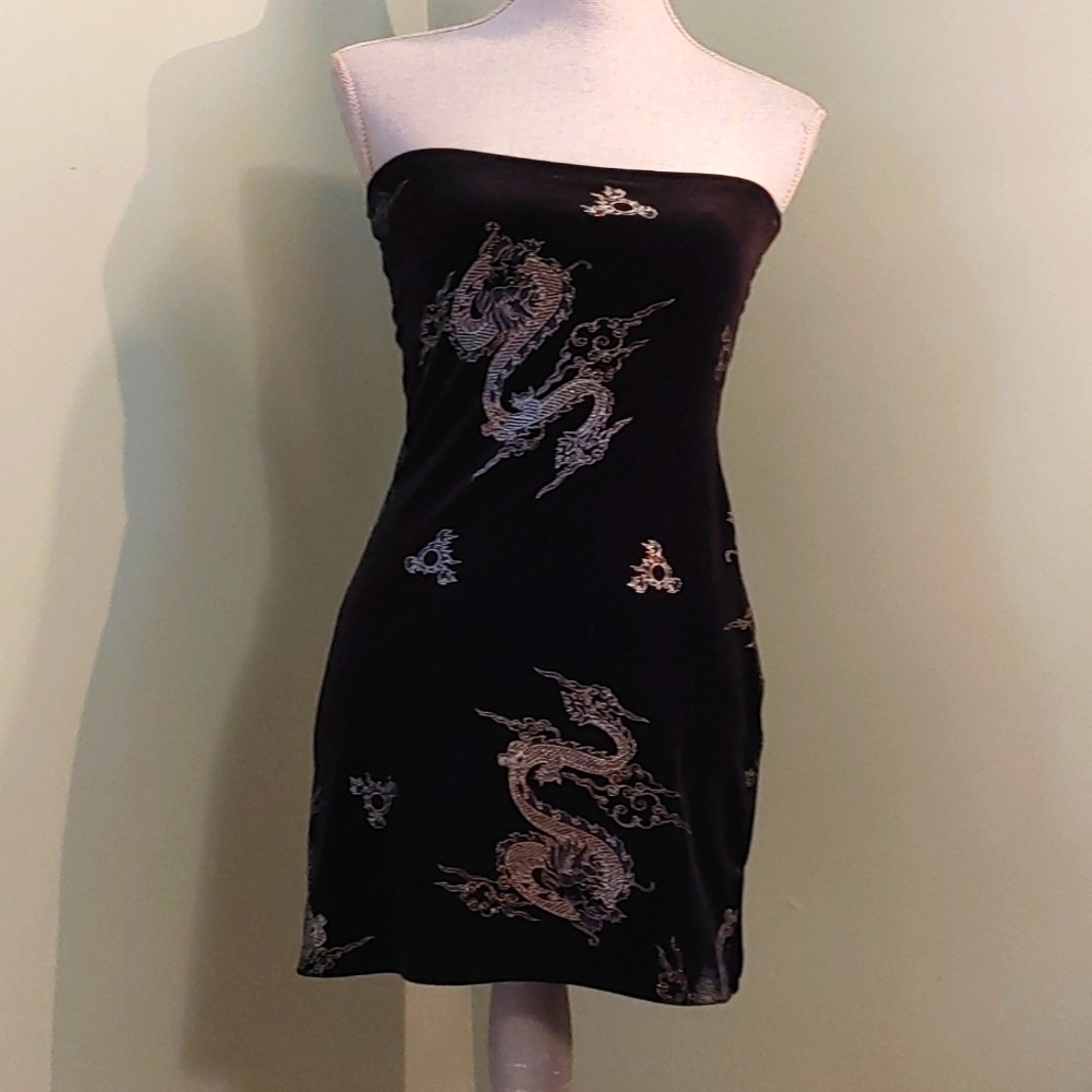 Dragon Print Velvet Bodycon Mini Dress. Size Small